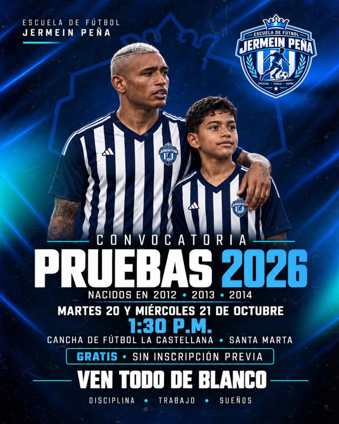 Afiche de la convocatoria Pruebas 2026 de la Escuela de Fútbol Jermein Peña